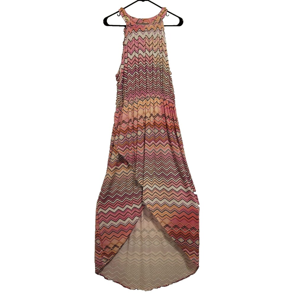 Jennifer Lopez Halter High-Low Maxi Dress Sz L Pink Chevron Geometric Gold Chain